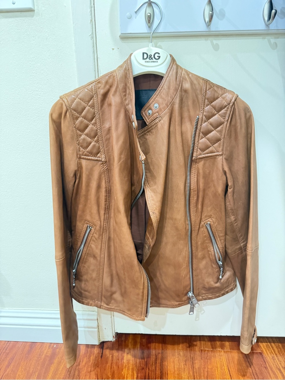 All Saints Cognac Leather Moto Jacket with Quilted Shoulders
